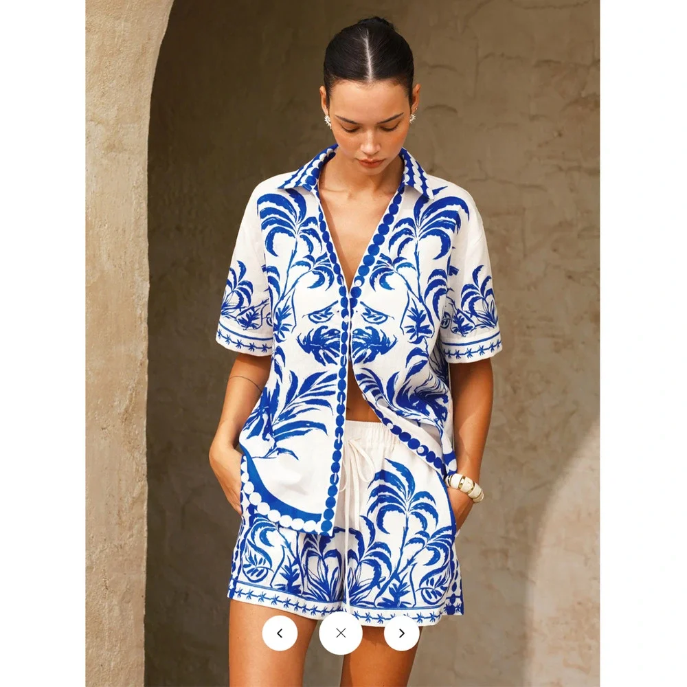 NWT Commense Palm Tree Print Shirt & Drawstring Shorts Set Sz L